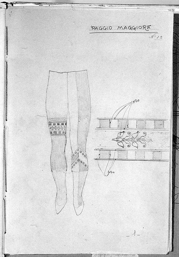 calzamaglie, calzari e copricapi delle monture della contrada della Lupa (disegno, serie) di Giunti Umberto (sec. XX)