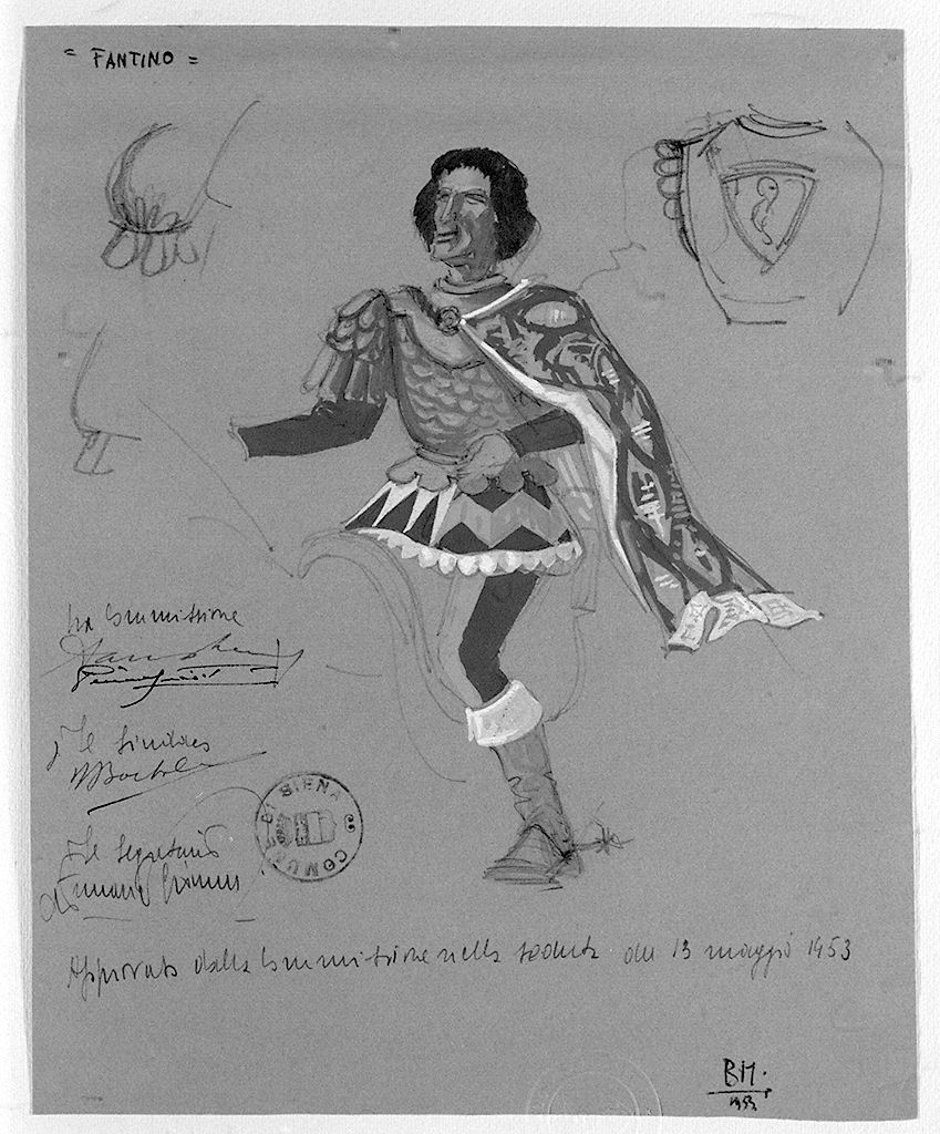 fantino in montura da parata della contrada di Valdimontone (disegno, elemento d'insieme) di Marzi Bruno (sec. XX)