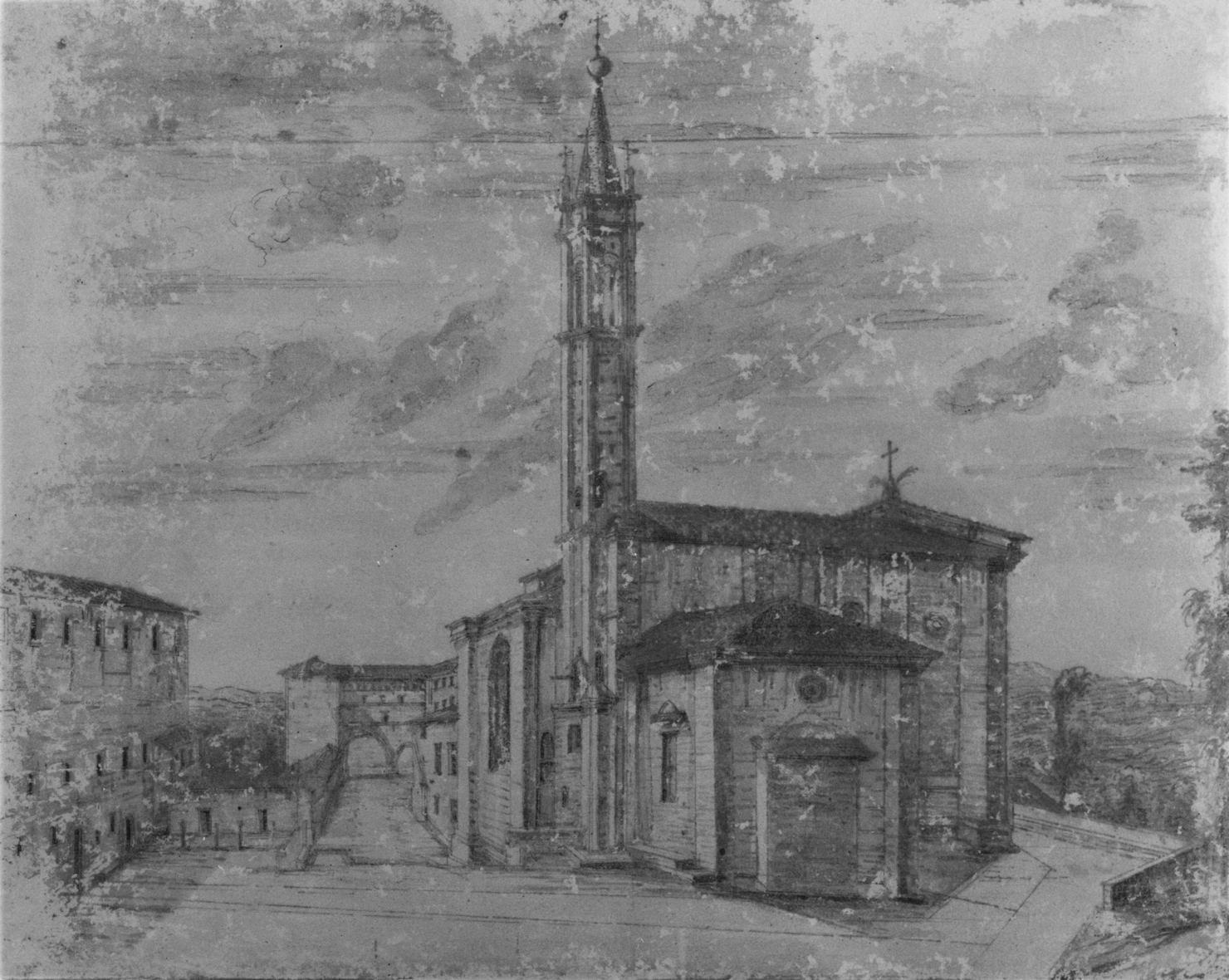 veduta dell'esterno dell'Abbazia di Monteoliveto Maggiore (disegno, elemento d'insieme) - ambito toscano (secc. XVIII/ XIX)