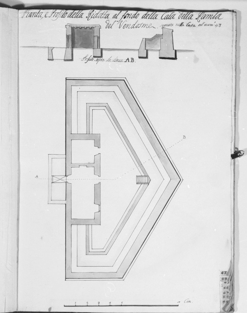 pianta e sezione del bastione Vendosme nella cala della Ramla a Malta (disegno, elemento d'insieme) - ambito italiano (sec. XVIII)