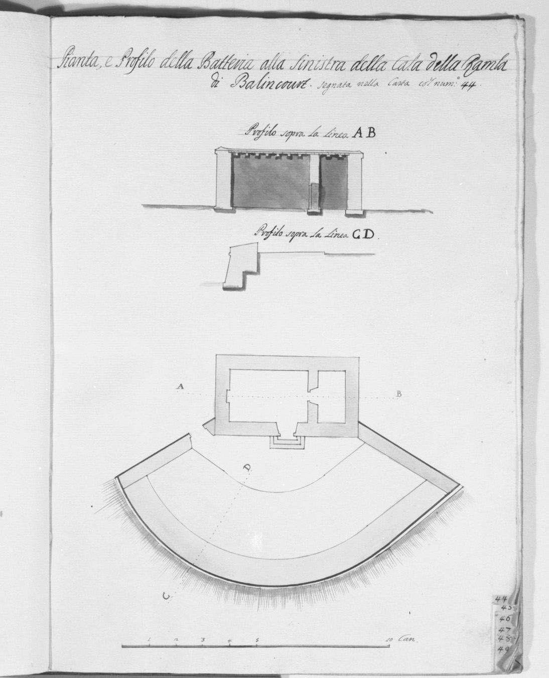 pianta e sezione del bastione Balincourt nella cala della Ramla a Malta (disegno, elemento d'insieme) - ambito italiano (sec. XVIII)