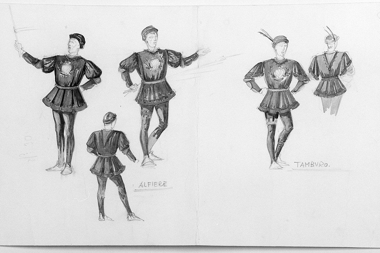 figuranti della contrada del Nicchio (disegno) di Marzi Bruno (sec. XX)