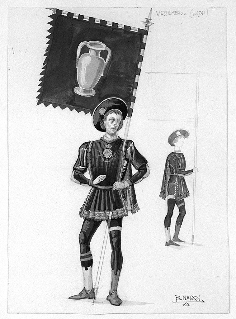 vessillifero della contrada del Nicchio (disegno) di Marzi Bruno (sec. XX)