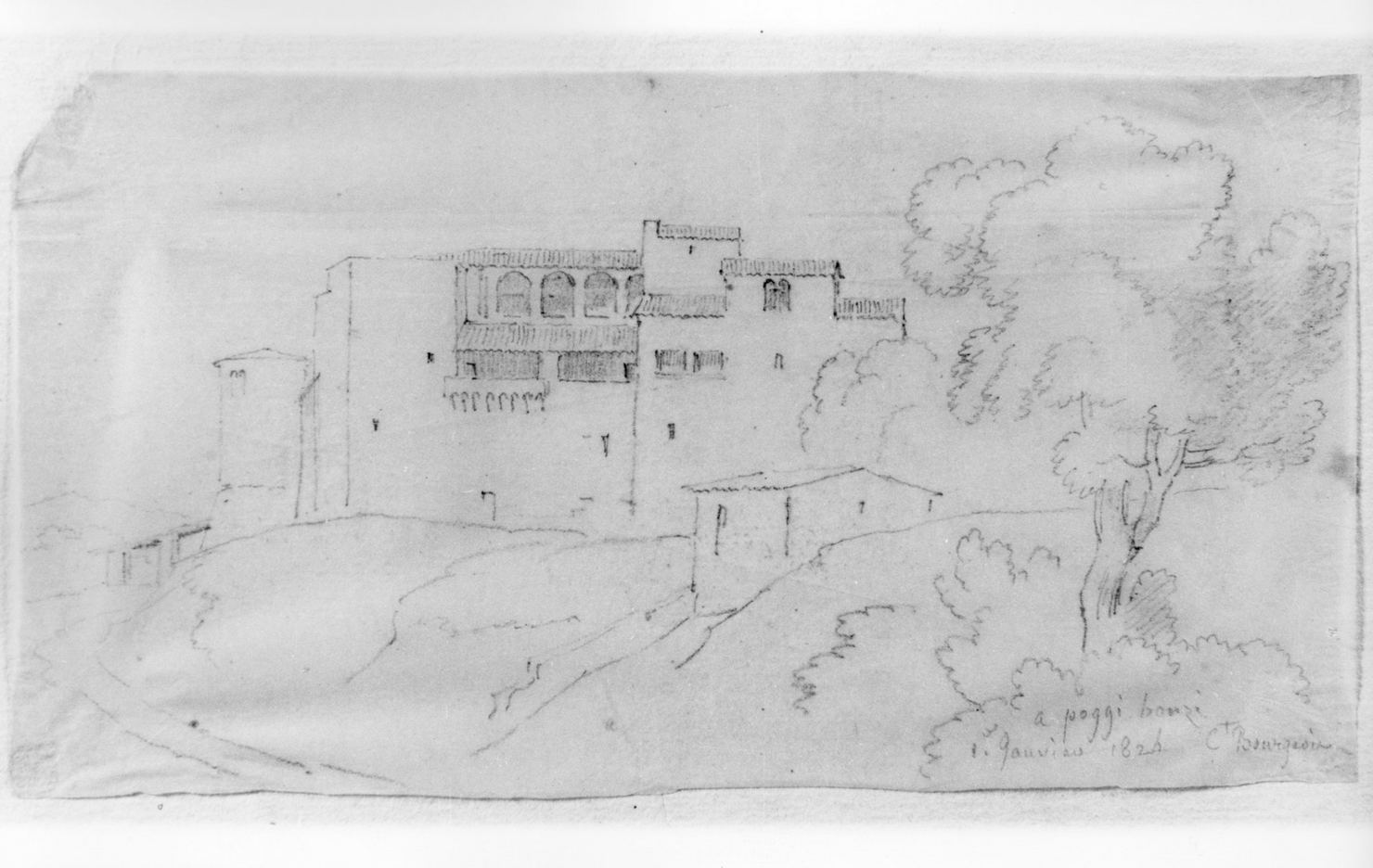paesaggio con edificio medioevale (disegno) - ambito francese (sec. XIX)