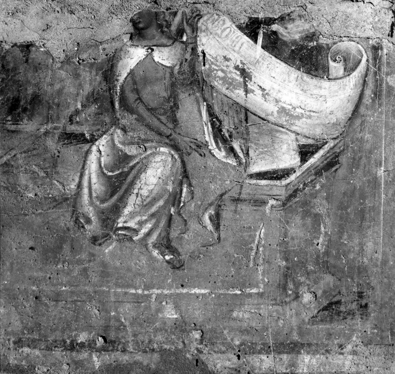 angelo con cartiglio sul sepolcro scoperchiato (dipinto) - ambito toscano (fine/inizio secc. XIV/ XV)