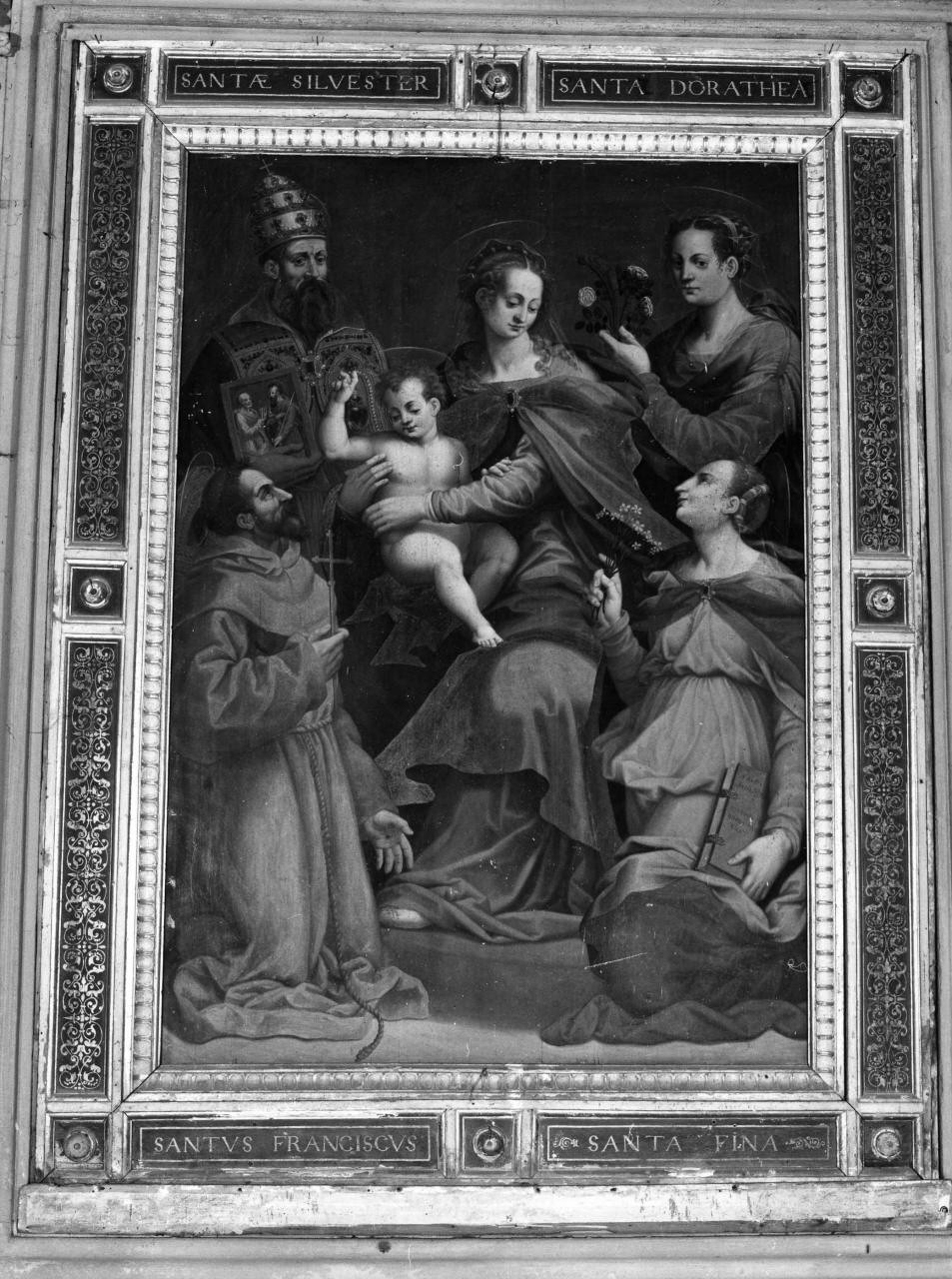 Madonna con Bambino, San Silvestro, Santa Dorotea, San Francesco, Santa Fina (dipinto) di Del Brina Giovanni (sec. XVI)