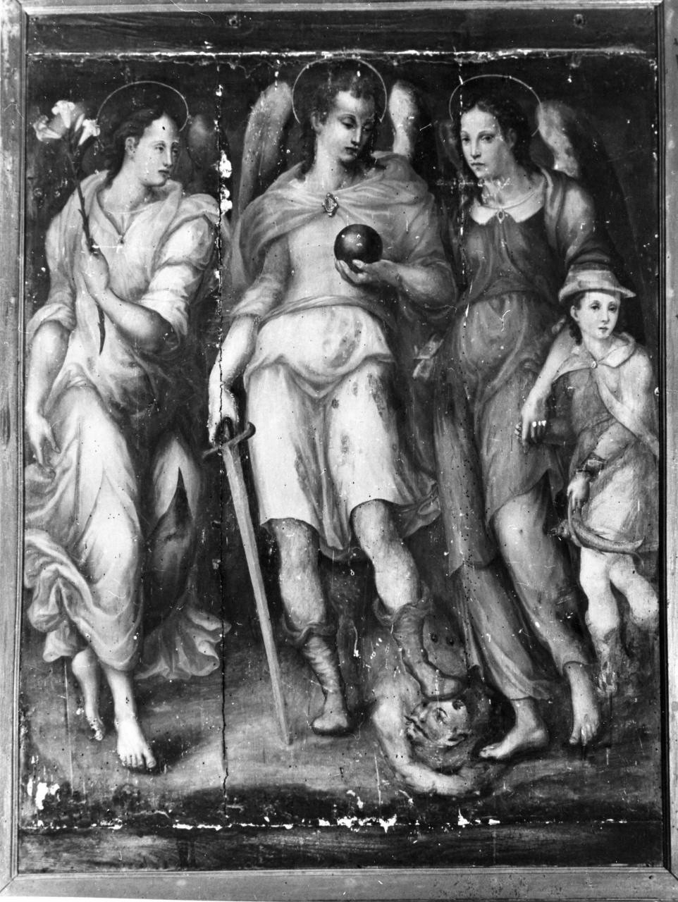 San Michele Arcangelo schiaccia il demonio, due arcangeli, Tobia (dipinto) di Del Brina Giovanni (ultimo quarto sec. XVI)