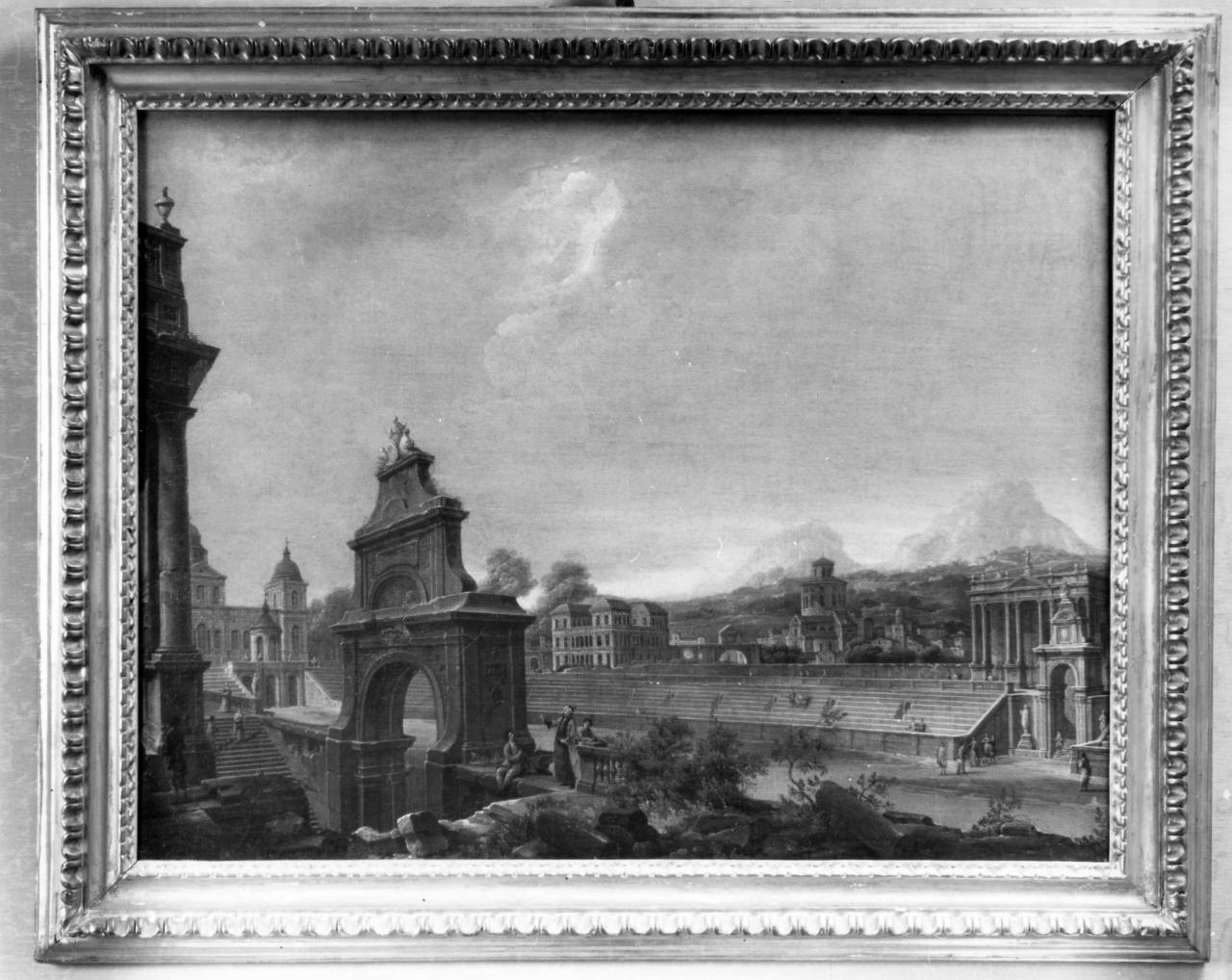 veduta ideale con edifici e figure (dipinto) - ambito italiano (sec. XVIII)