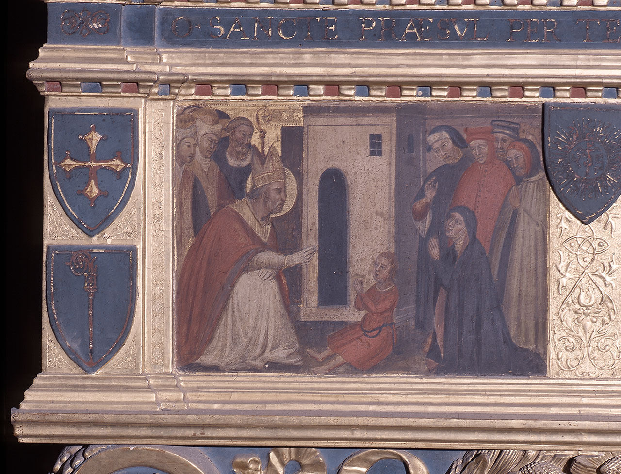 San Zanobi resuscita il figlio di una pellegrina francese (scomparto di predella) di Giovanni del Biondo (sec. XIV)
