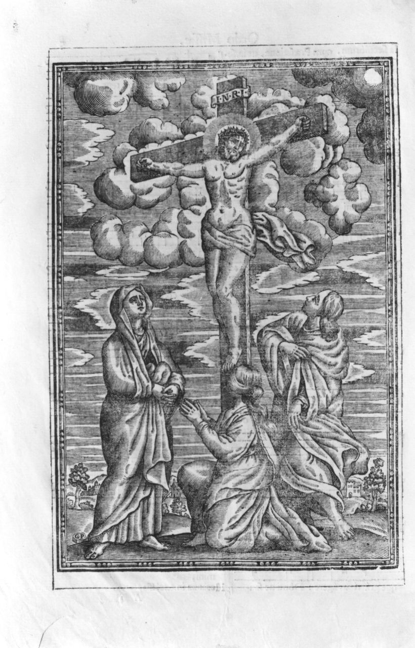 Cristo crocifisso con la Madonna, Santa Maria Maddalena e San Giovanni Evangelista (stampa) di Piccini Giacomo (sec. XVIII)