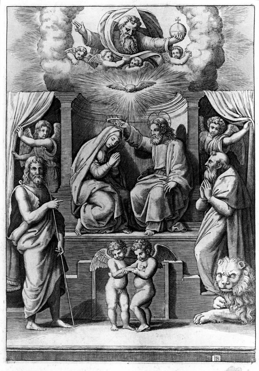 incoronazione di Maria Vergine tra santi e profeti (stampa) di Maestro B nel Dado (sec. XVI)