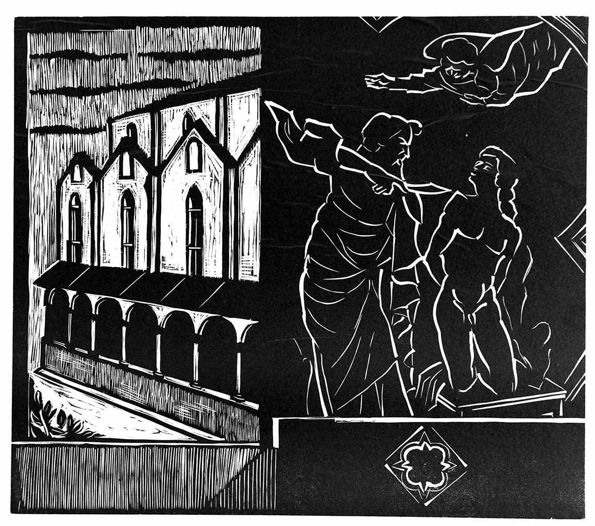 sacrificio di Isacco e primo chiostro del convento di Santa Croce a Firenze (manifesto) di Parigi Pietro (sec. XX)