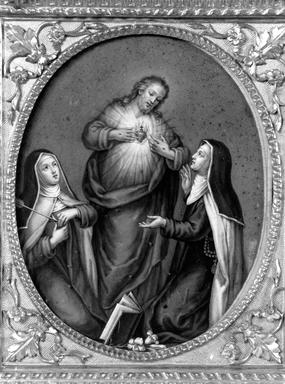 Sacro Cuore di Gesù e sante monache domenicane (stampa colorata a mano) - ambito toscano (prima metà sec. XIX)