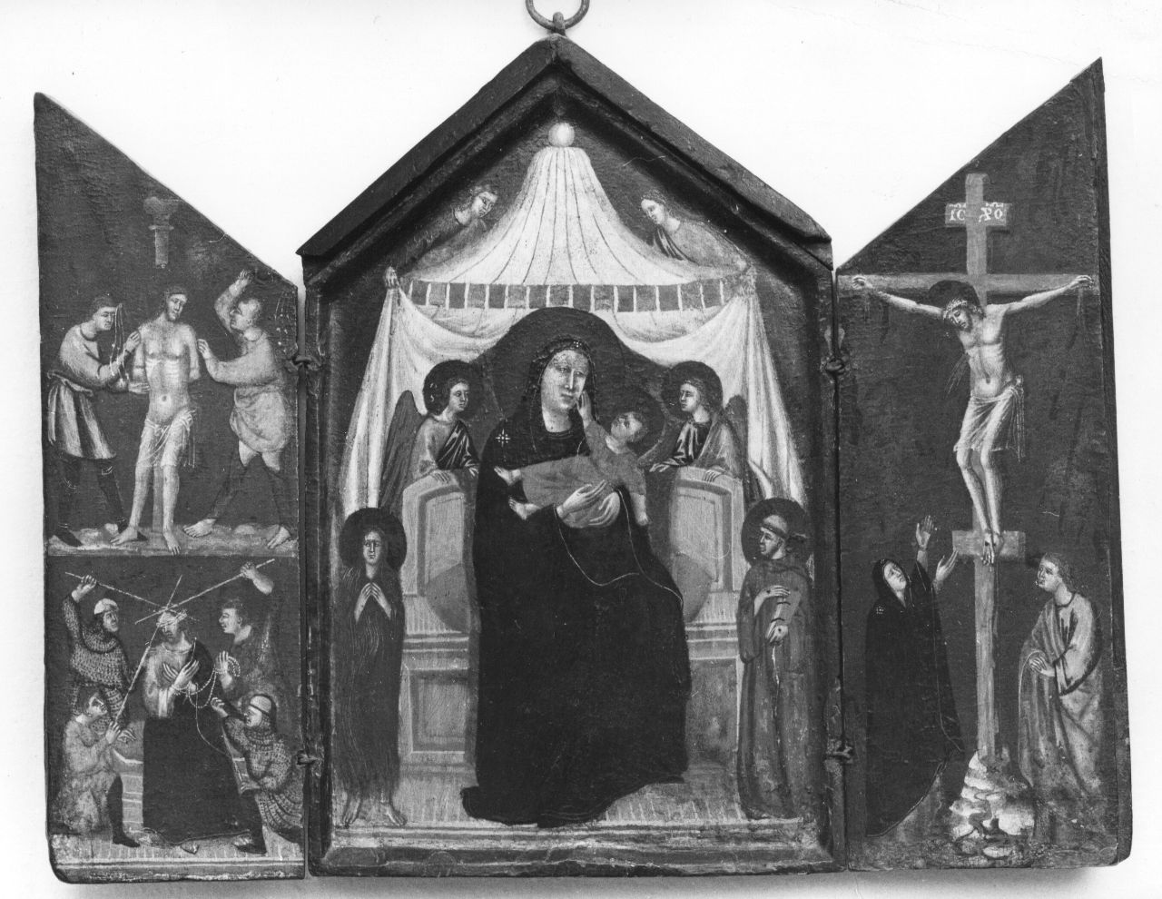 Madonna con Bambino, Santa Maria Maddalena, San Francesco d'Assisi, Cristo deriso, Flagellazione di Cristo, Cristo crocifisso, San Giovanni (dipinto) di Maestro della Santa Cecilia (cerchia) (prima metà sec. XIV)