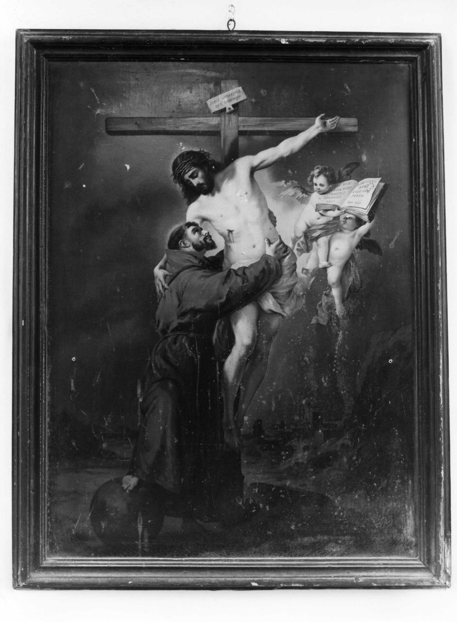 San Francesco d'Assisi abbraccia Cristo crocifisso (dipinto) - ambito fiorentino (ultimo quarto sec. XIX)