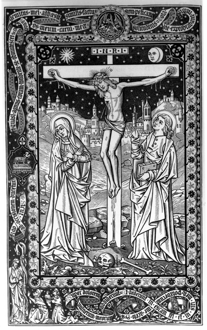 crocifissione di Cristo con la Madonna, San Giovanni Evangelista, Stephaton e Longino (stampa) - ambito francese (sec. XX)