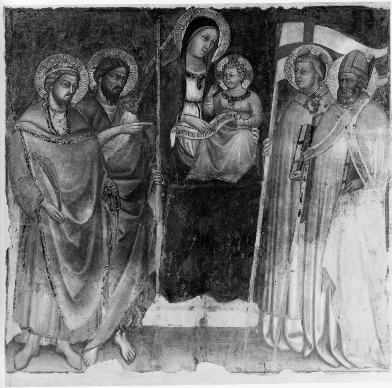 Madonna con Bambino in trono con San Giovanni Battista, Santo martire, Santo Stefano, Santo vescovo (dipinto) - ambito fiorentino (primo quarto sec. XV)