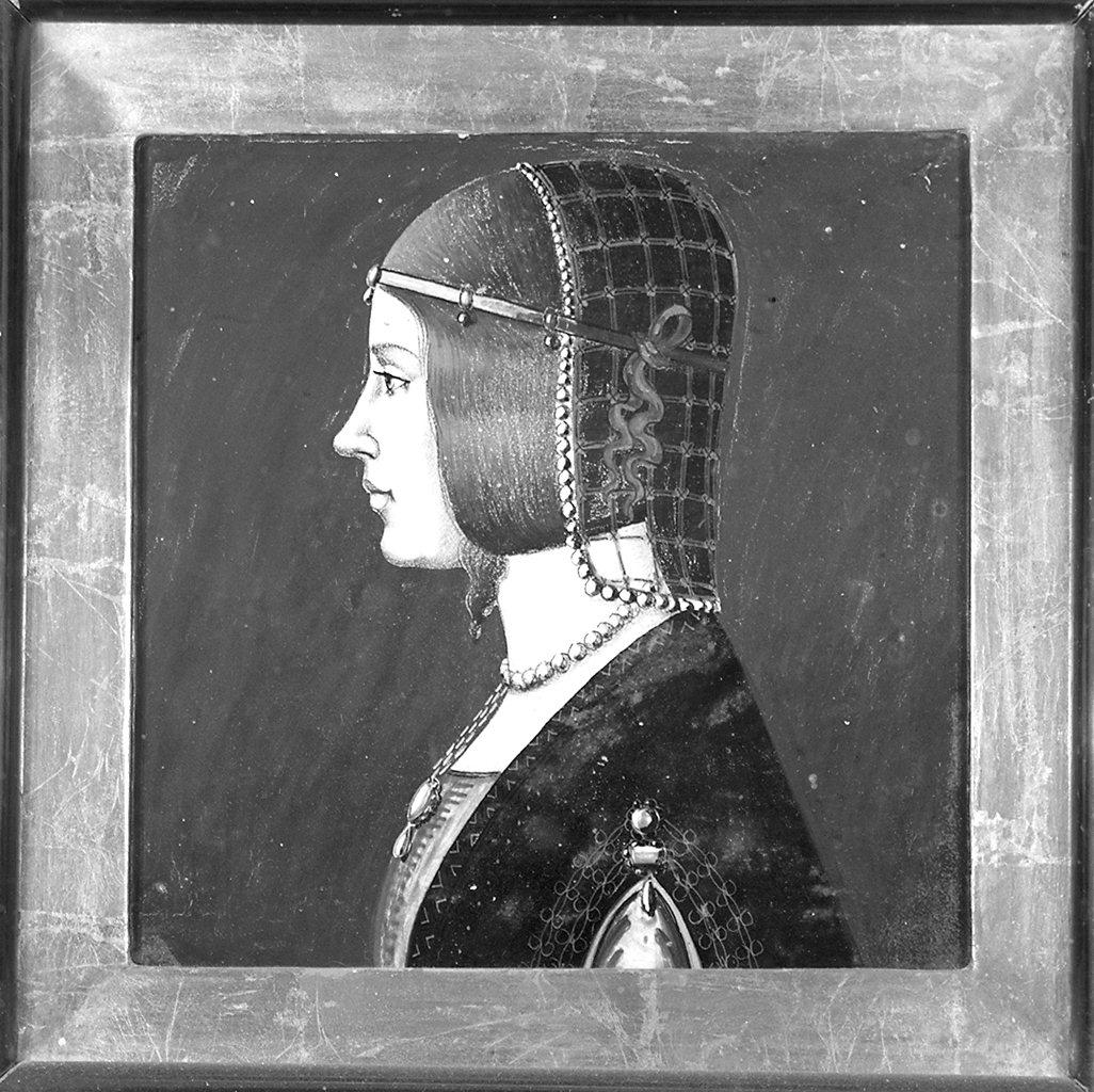 La dama dalla reticella di perle, ritratto di donna (mattonella) - manifattura imolese (sec. XX)