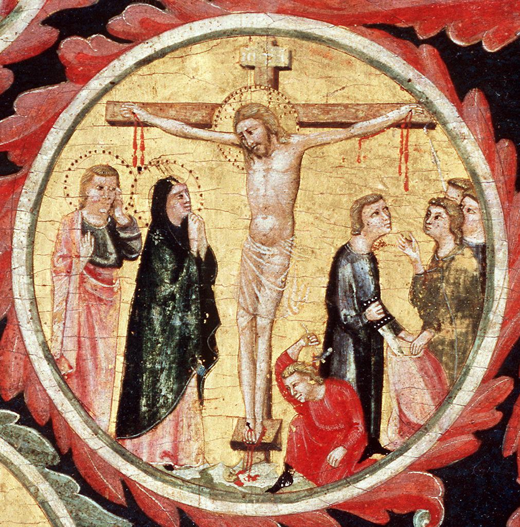 Cristo inchiodato alla croce e soldati si contendono la tunica di Cristo (dipinto) di Pacino di Buonaguida (sec. XIV)