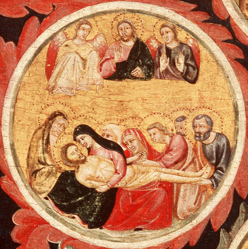 compianto sul Cristo morto, Dio Padre e due angeli mostrano la veste di Cristo macchiata di sangue (dipinto) di Pacino di Buonaguida (sec. XIV)