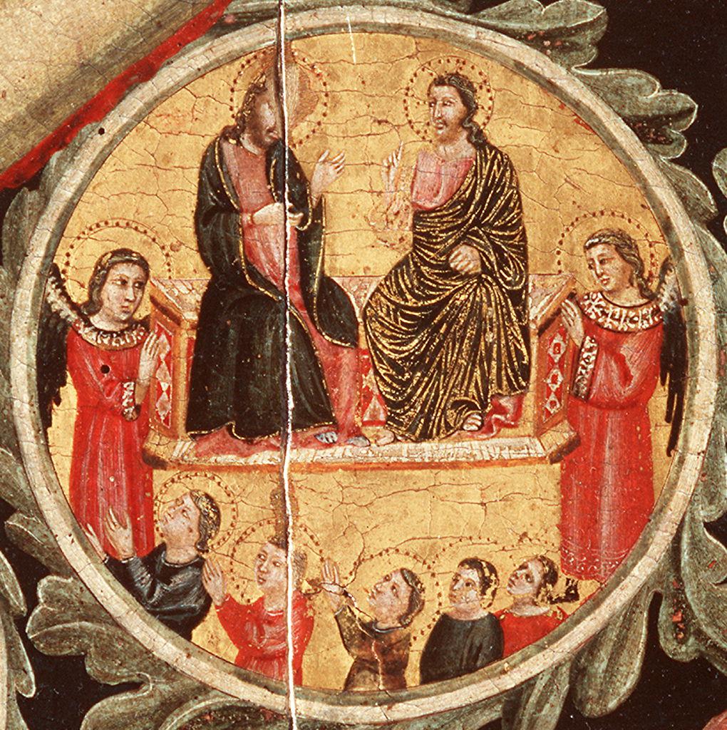 Cristo seduto alla destra di Dio Padre con angeli e santi (dipinto) di Pacino di Buonaguida (sec. XIV)