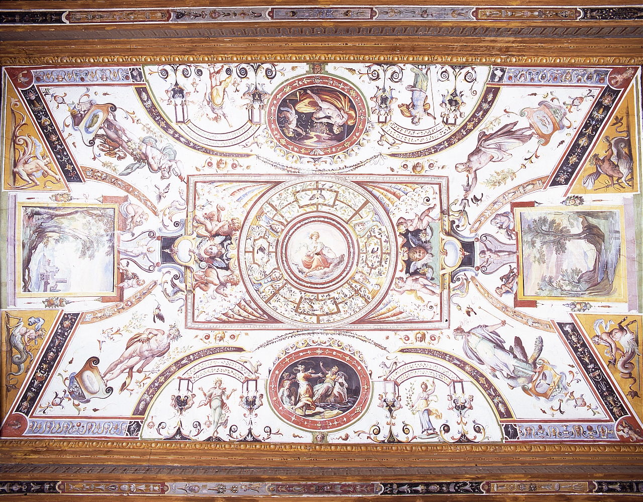 motivi decorativi a grottesche con scene mitologiche, figure allegoriche e paesaggi (soffitto dipinto) di Tempesta Antonio (attribuito) (sec. XVI)