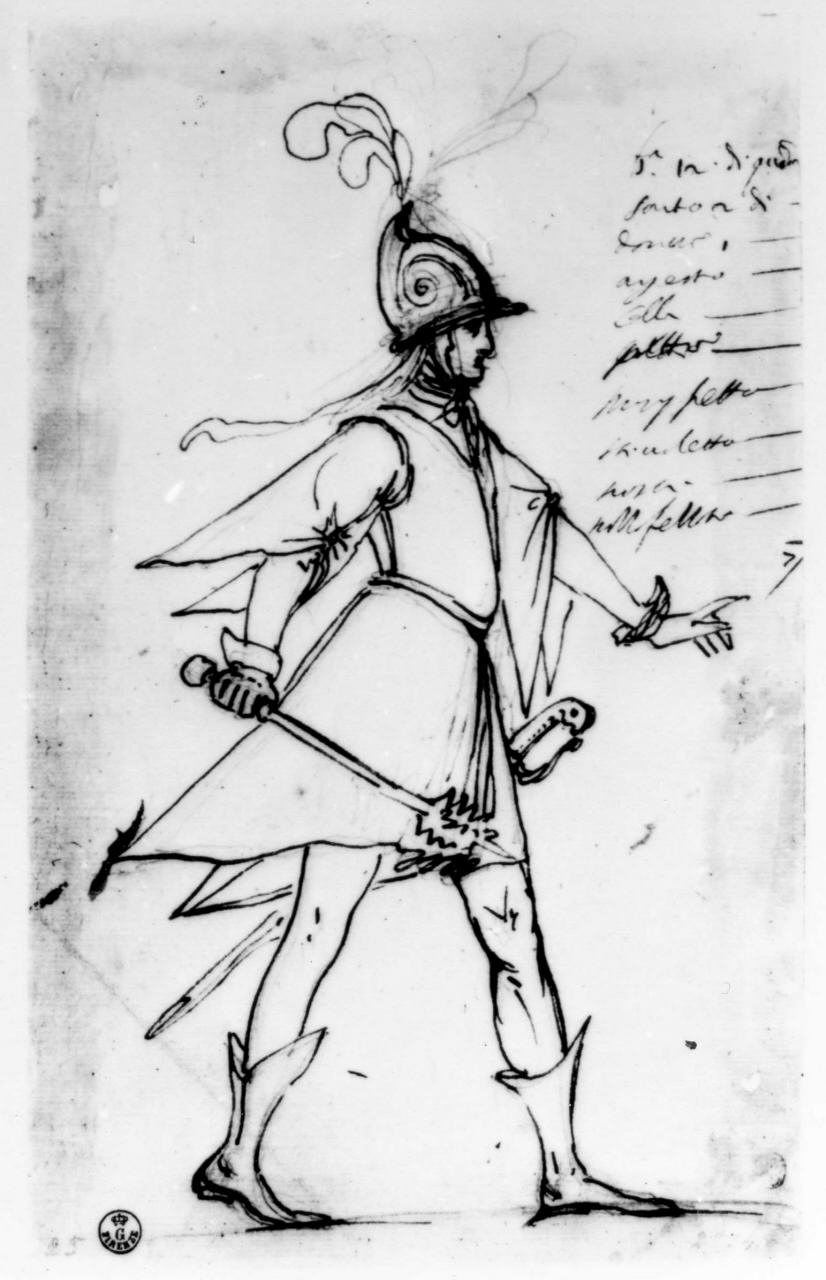 costume da guerriero (disegno) di Del Bianco Baccio (attribuito) (prima metà sec. XVII)