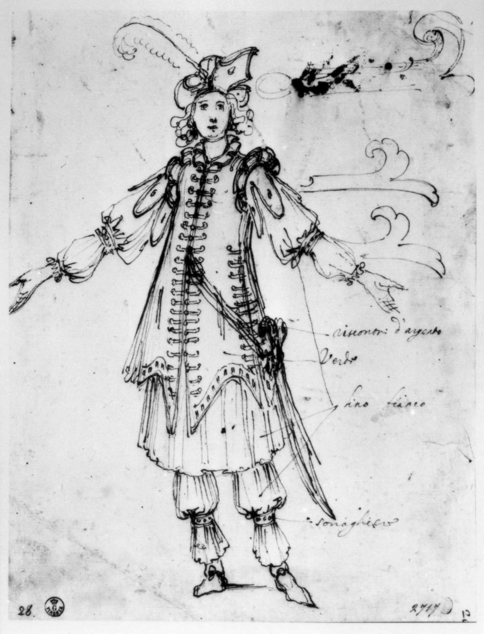 costume teatrale (disegno) di Del Bianco Baccio (attribuito) (prima metà sec. XVII)