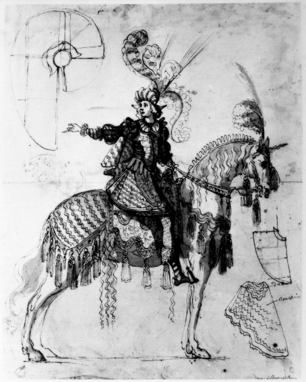 costume per cavaliere (disegno) di Del Bianco Baccio (attribuito) (sec. XVII)