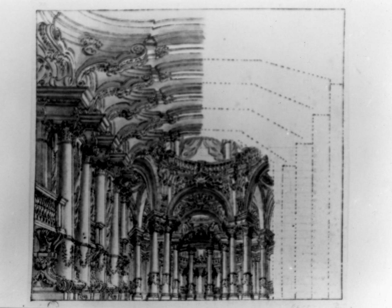 interno prospettico di una reggia (disegno) di Galli Giovanni Maria detto Bibiena (attribuito) (sec. XVII)