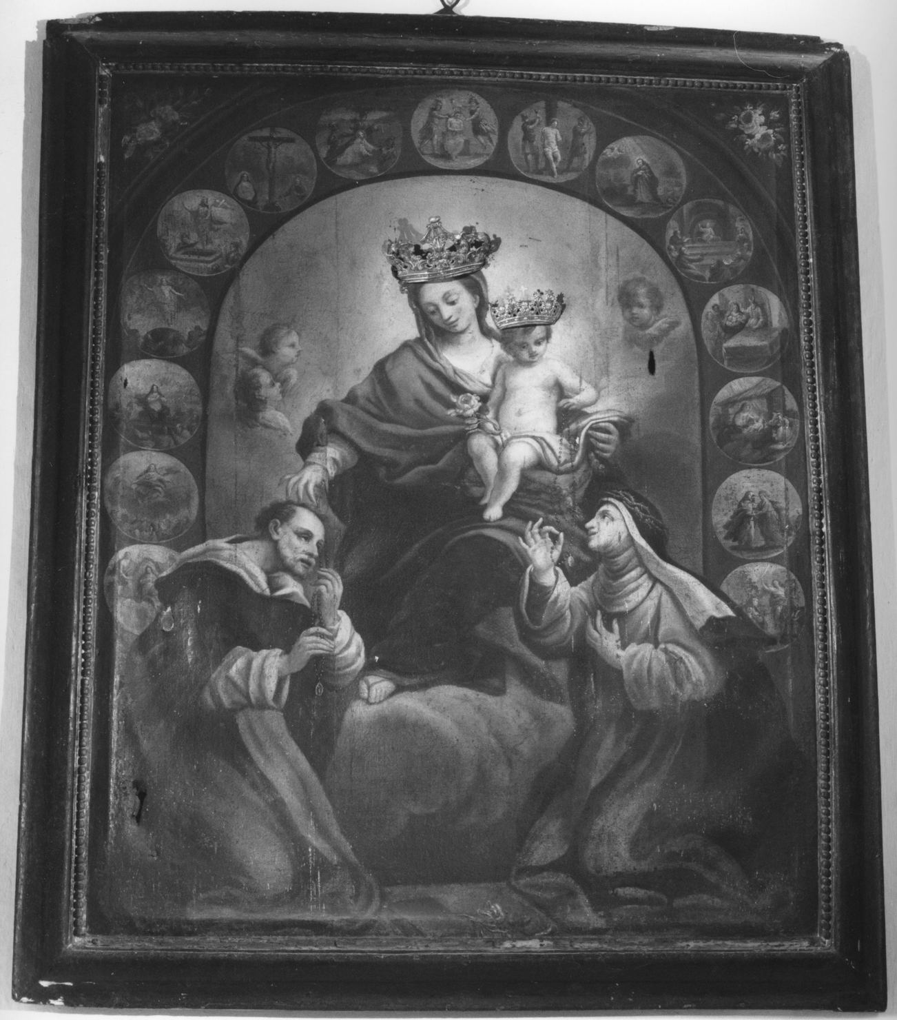 Madonna del Rosario con San Domenico e Santa Caterina, santi e misteri del rosario (dipinto) di Nasini Francesco (seconda metà sec. XVII)