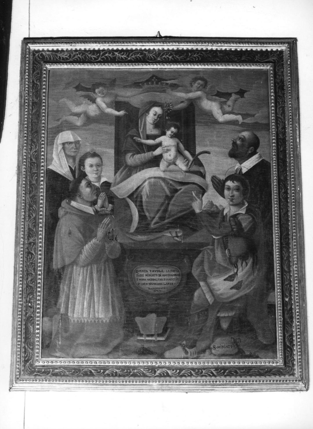 Madonna con Bambino in trono con santo cardinale, San Miniato, donatori e angeli (dipinto) - ambito toscano (sec. XVII)