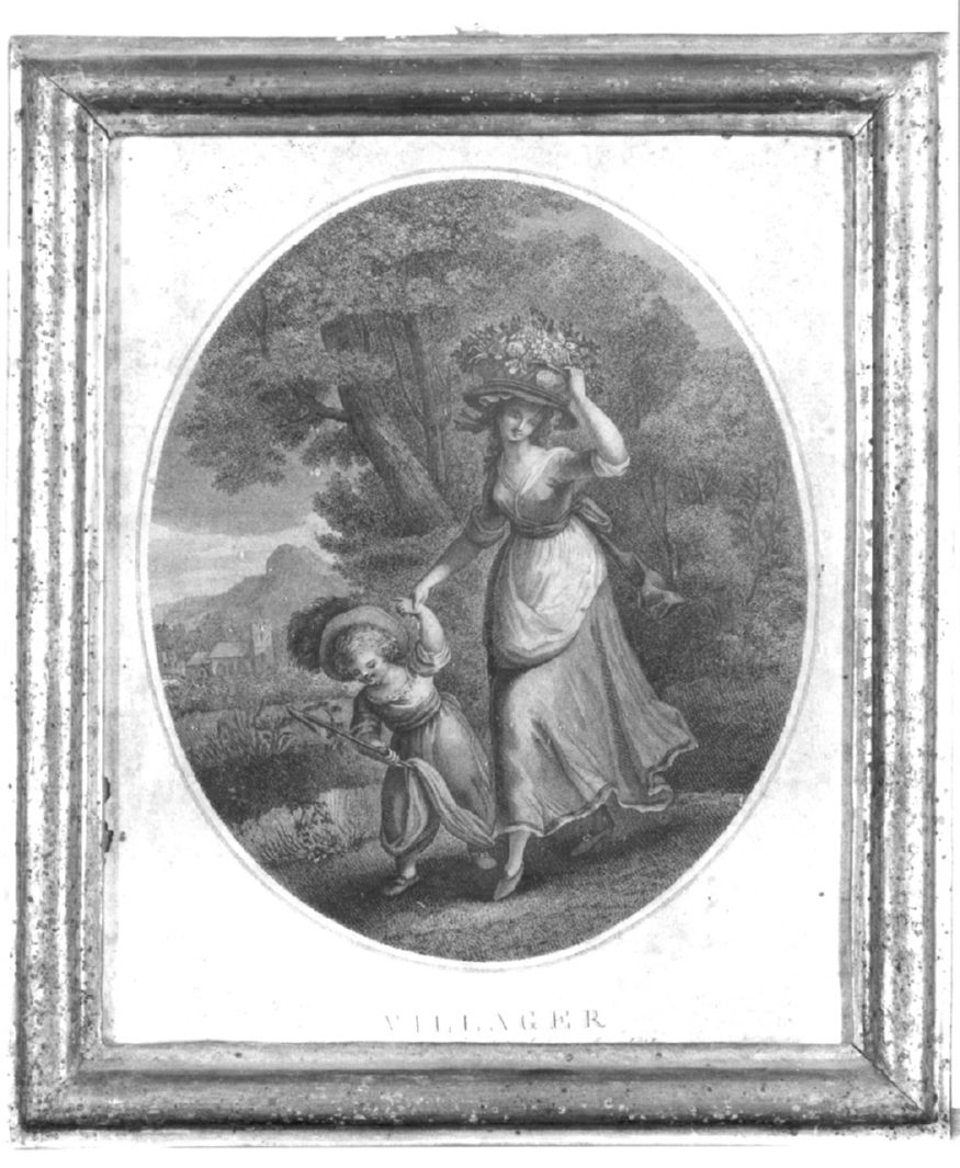 figura femminile con cesto sulla testa e bambina in un paesaggio (stampa smarginata) - ambito inglese (secc. XVIII/ XIX)
