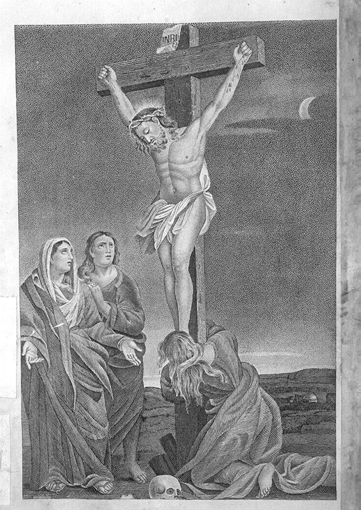 Cristo crocifisso con la Madonna, Santa Maria Maddalena e San Giovanni Evangelista (stampa, elemento d'insieme) di Cataneo Carlo (sec. XIX)