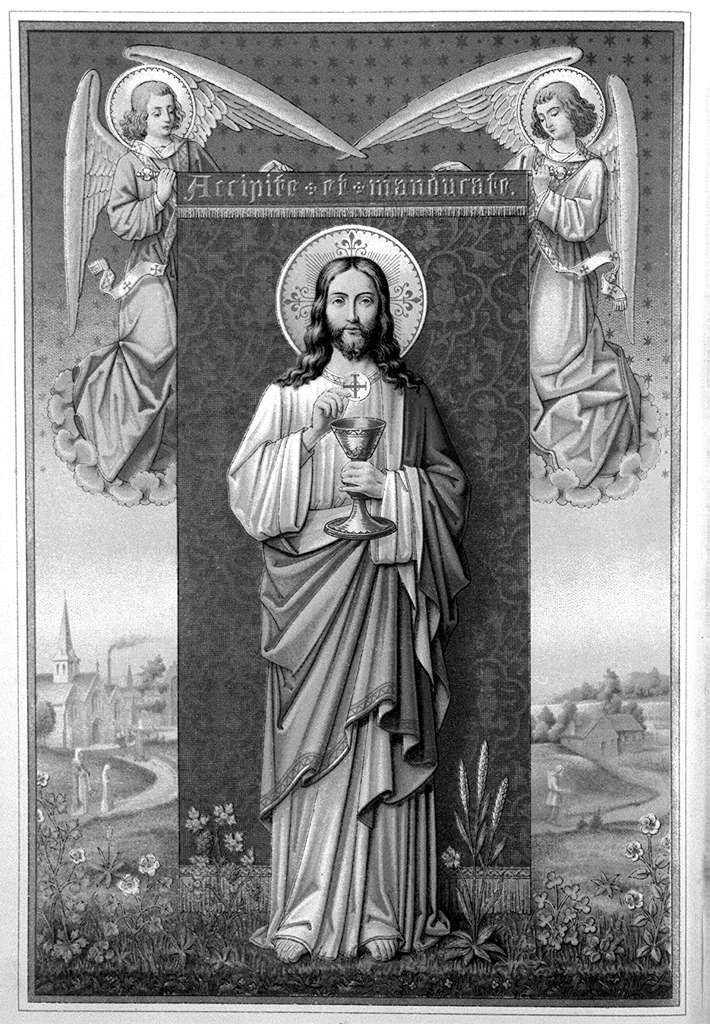 Accipite et manducate, Cristo con il calice e l'ostia (stampa, elemento d'insieme) - ambito italiano (sec. XX)