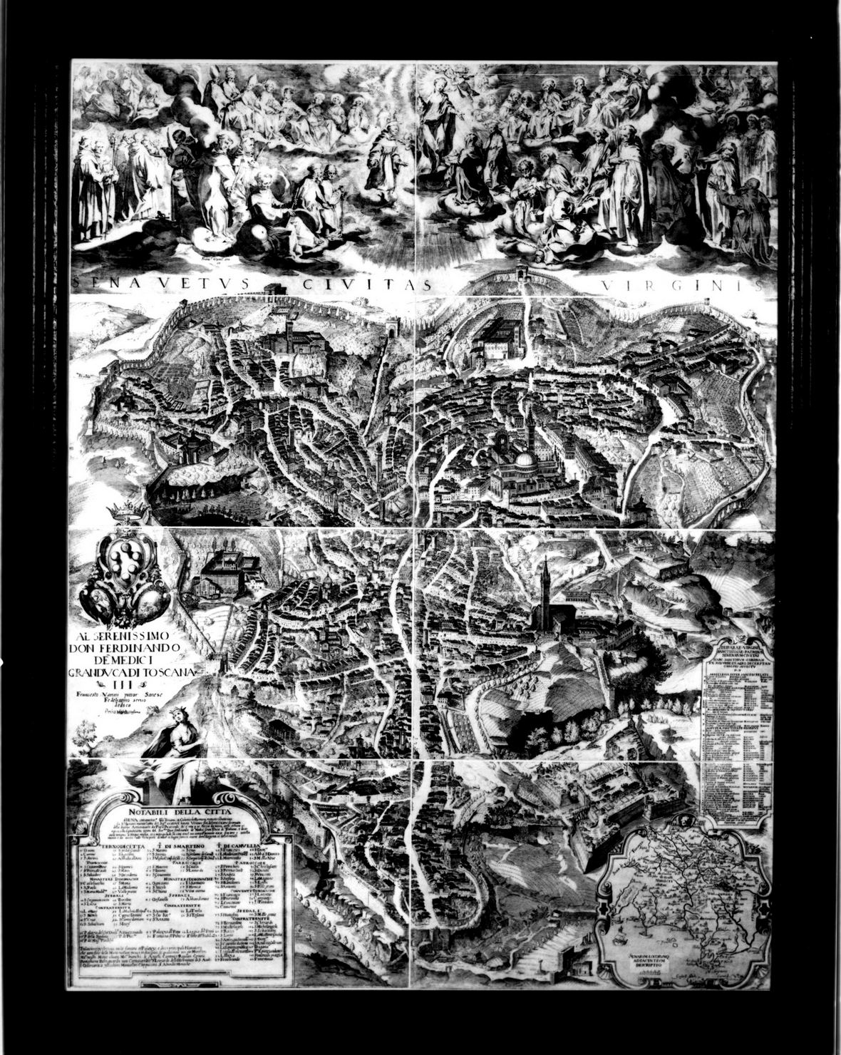 Sena vetus civitas virginis, veduta di Siena (stampa) di Vanni Francesco, Jode Pieter de (sec. XVI)
