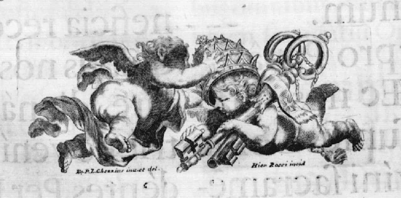 angeli con insegne papali (stampa, elemento d'insieme) di Rossi Girolamo de' il Giovane, Ghezzi Pier Leone (sec. XVIII)