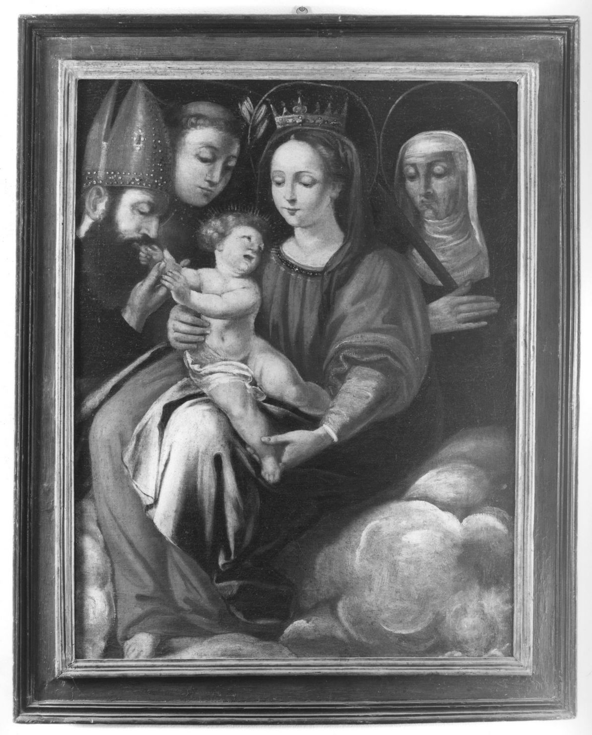 Madonna con Bambino, Sant'Antonio da Padova, Santo vescovo e Santa monaca (dipinto) - ambito senese (fine/inizio secc. XVI/ XVII)
