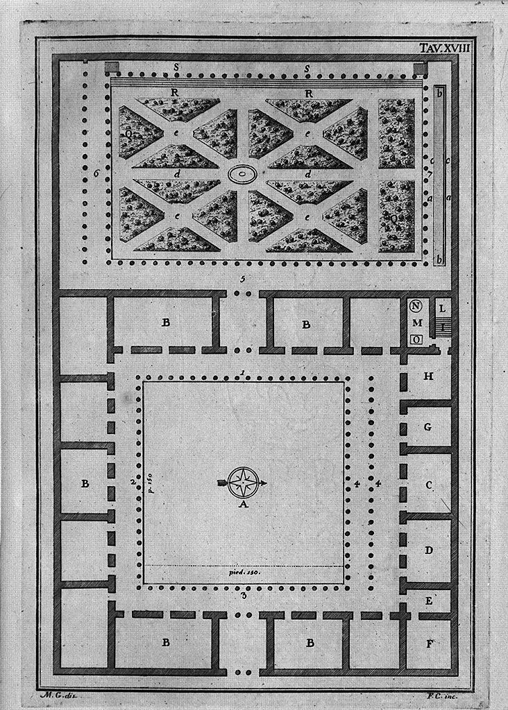 pianta di giardino e di palestra (stampa, elemento d'insieme) di Cepparuli Francesco, Galiani Bernardo (sec. XVIII)