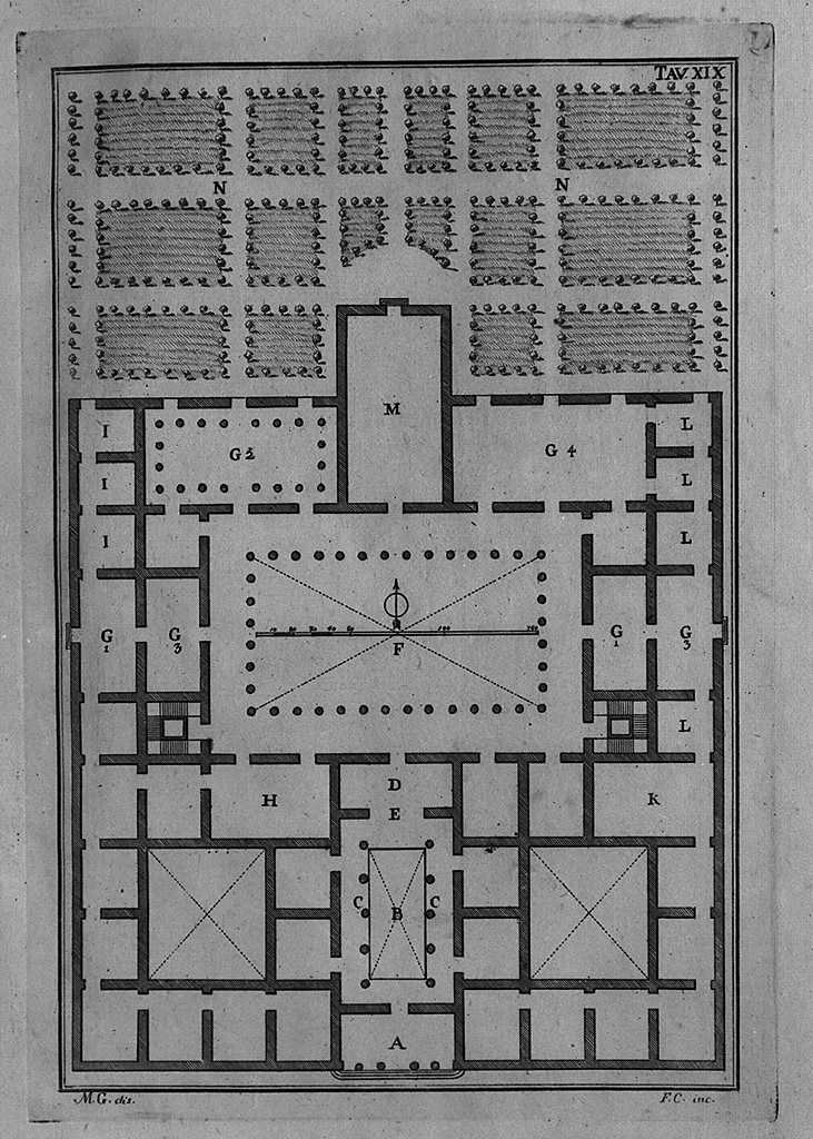 pianta di casa romana con giardino (stampa, elemento d'insieme) di Cepparuli Francesco, Galiani Bernardo (sec. XVIII)