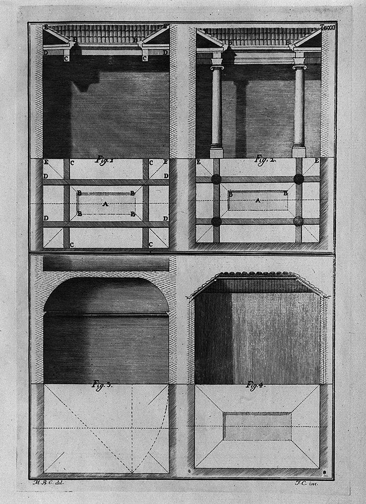 piante e particolari di cortili (stampa, elemento d'insieme) di Cepparuli Francesco, Galiani Bernardo (sec. XVIII)