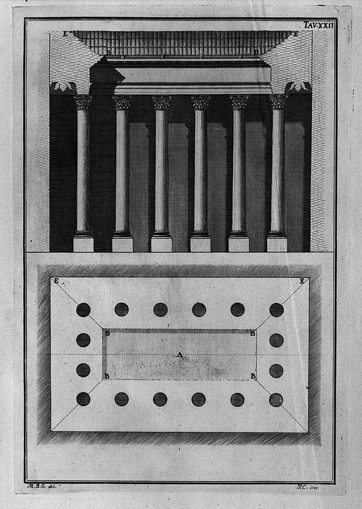 pianta di edificio e colonnato (stampa, elemento d'insieme) di Cepparuli Francesco, Galiani Bernardo (sec. XVIII)