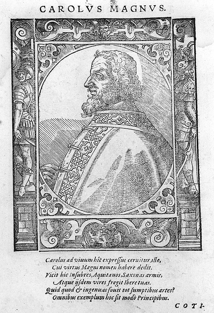 busto di profilo di Carlo Magno imperatore (stampa, stampa composita) di Stimmer Tobias (sec. XVI, sec. XVI)