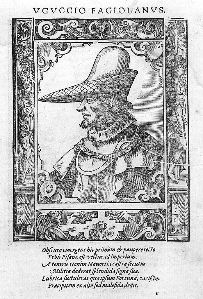 busto di profilo di Uguccione della Faggiola (stampa, stampa composita) di Stimmer Tobias (sec. XVI, sec. XVI)
