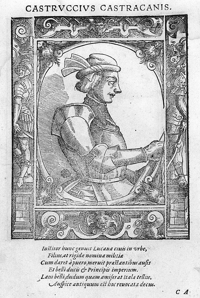 busto di profilo di Castruccio Castracani (stampa, stampa composita) di Stimmer Tobias (sec. XVI, sec. XVI)