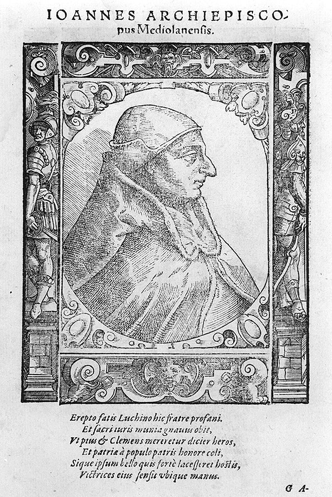 busto di profilo di Giovanni Visconti arcivescovo di Milano (stampa, stampa composita) di Stimmer Tobias (sec. XVI, sec. XVI)