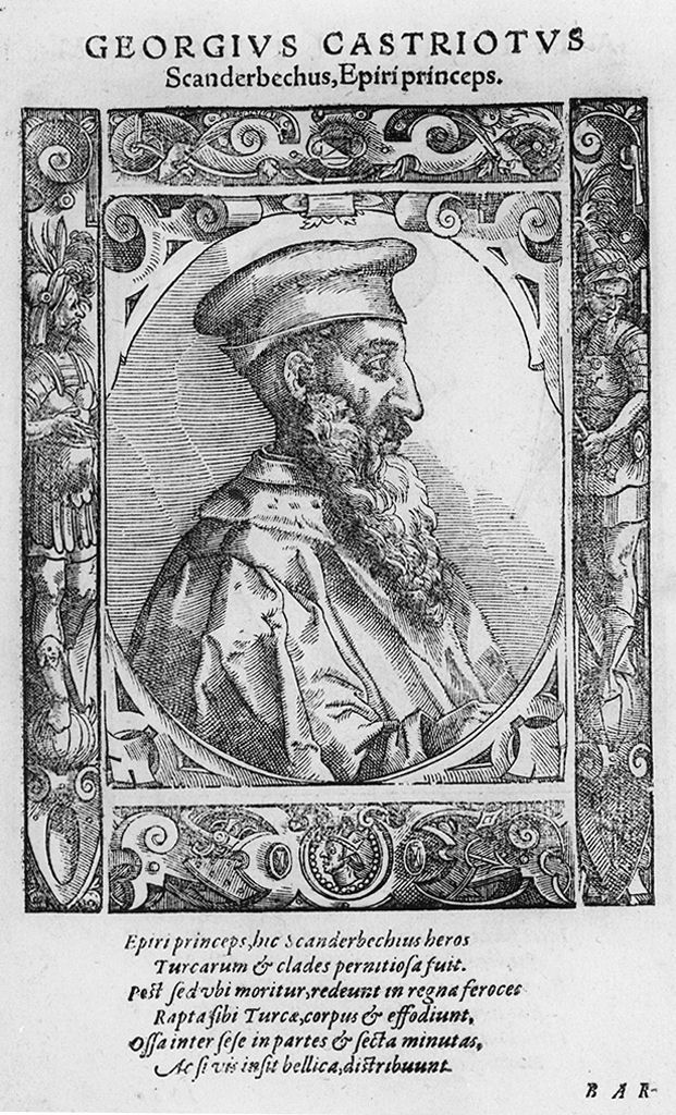busto di profilo di Giorgio Scanderberg (stampa, stampa composita) di Stimmer Tobias (sec. XVI, sec. XVI)