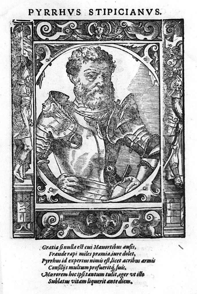 busto ritratto di Pirro Stipiciano (stampa, stampa composita) di Stimmer Tobias (sec. XVI, sec. XVI)
