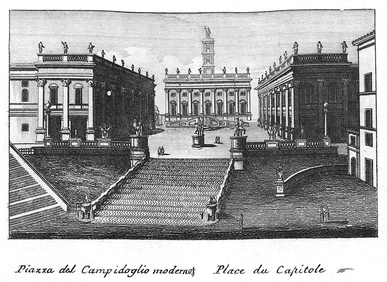 veduta di piazza del Campidoglio a Roma (stampa, elemento d'insieme) - ambito italiano (sec. XIX, sec. XIX)