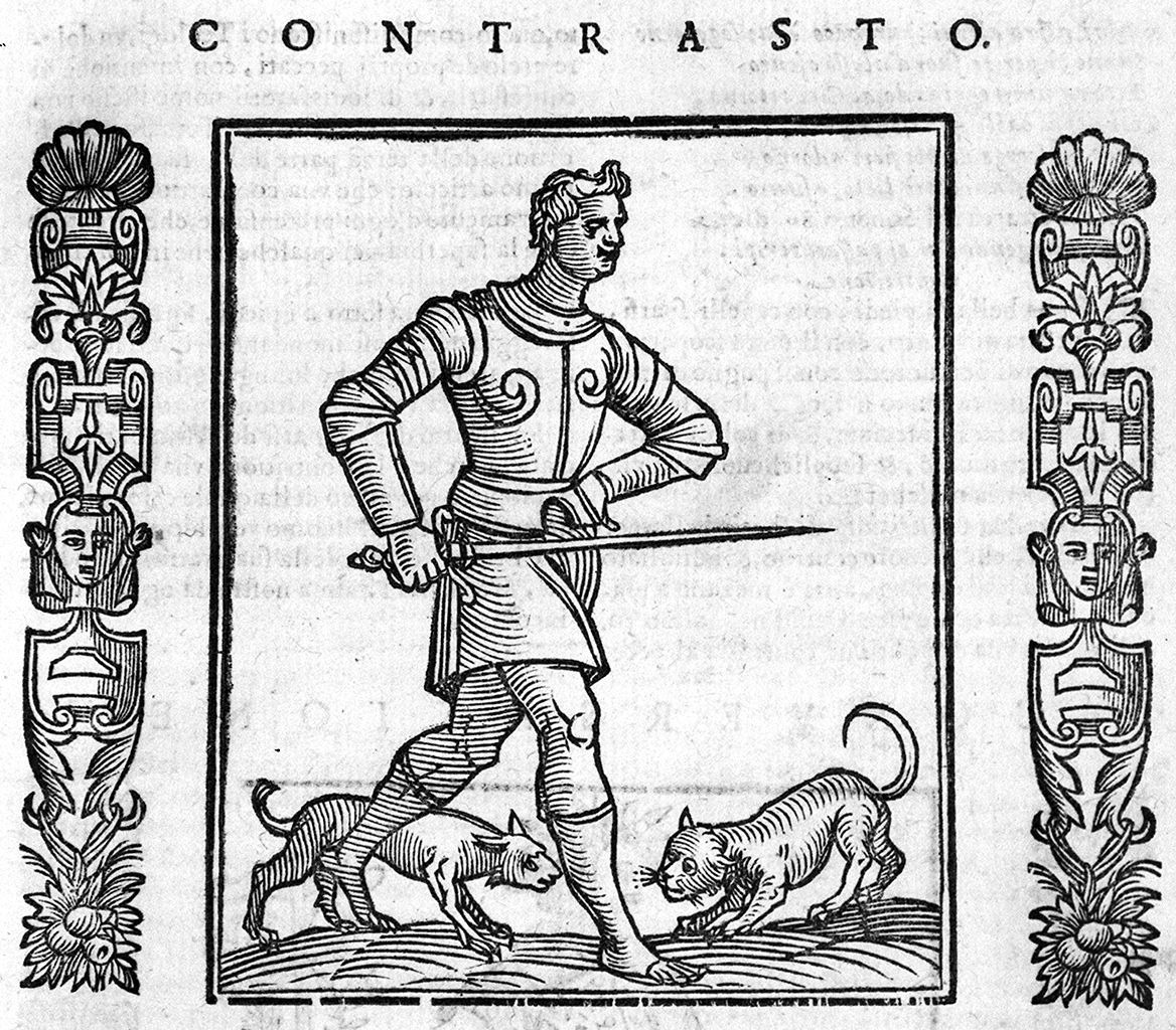 giovane armato in atto di combattere e gatti (stampa, elemento d'insieme) - ambito veneto (sec. XVII, sec. XVII, sec. XVII)